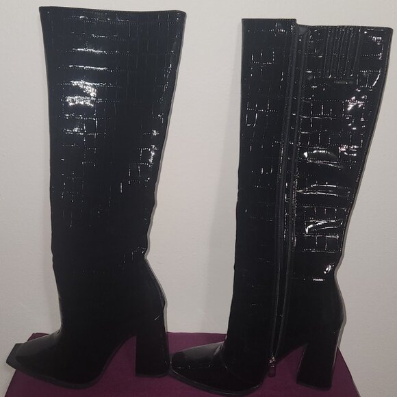 Princess Polly Black Embossed Crocodile Knee High Boots Square Toes Size 8 - Picture 4 of 6